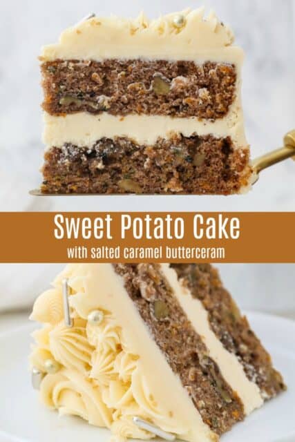 A slice of sweet potato cake on a white plate with 2 forks, and a text overlay