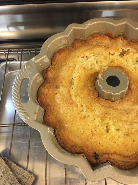 Overhead view of a bundt cake in the pan