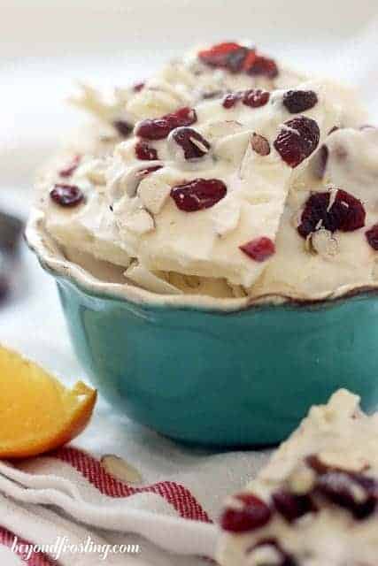 closeup of a bowl filled with almond bark