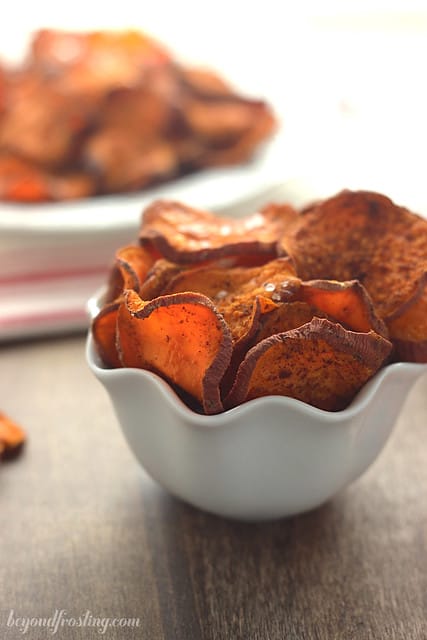 Side view of Cinnamon Sugar Sweet Potato Fries in a bowl
