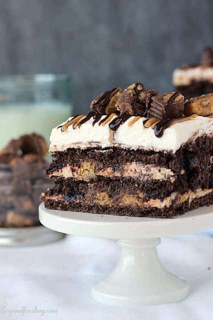 Chocolate Peanut Butter Cup lasagna. Three layers of chocolate and peanut butter. It's also loaded with Reese's Peanut Butter Cups which makes every bite is a dream.