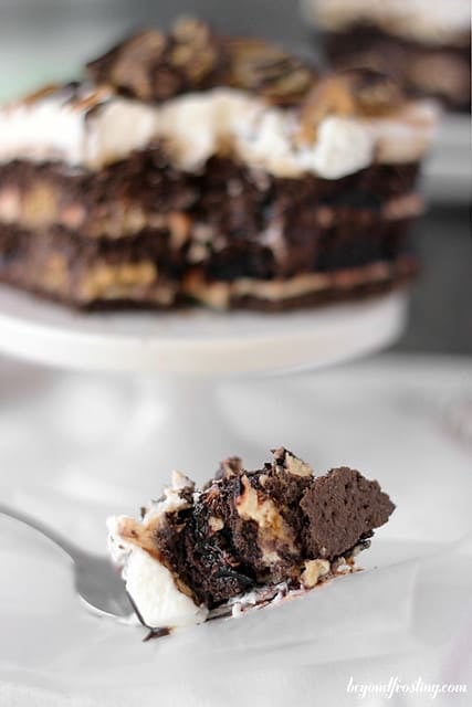 A bite of Chocolate Peanut Butter Cup Lasagna on a fork in front of a serving of lasagna on a cake stand