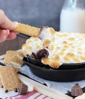 Ooey Gooey Reese's Cookie Dough S'mores Dip. The bottom layer is graham crackers, then it is topped with a peanut butter and chocolate cookie dough. This dessert dip is topped with toasted marshmallows.