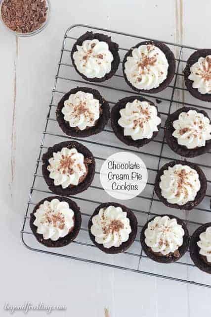 Overhead view of Chocolate Cream Pie Cookie Cups on a cooling rack