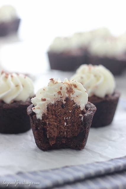 Close-up of a Chocolate Cream Pie Cookie Cup with a bite removed