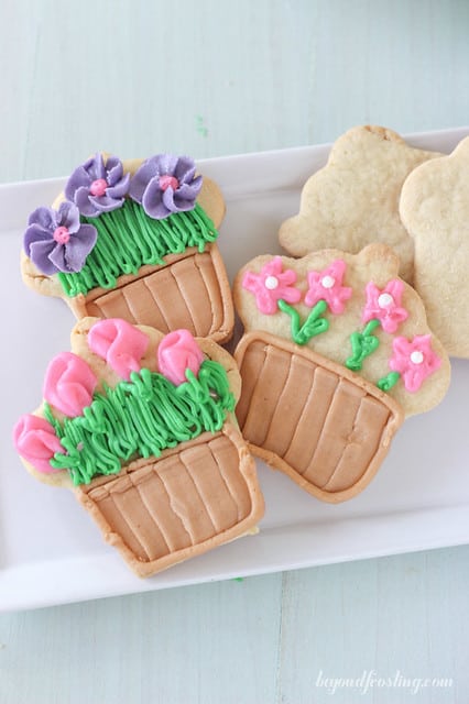 Overhead view of flower pot decorated cookies