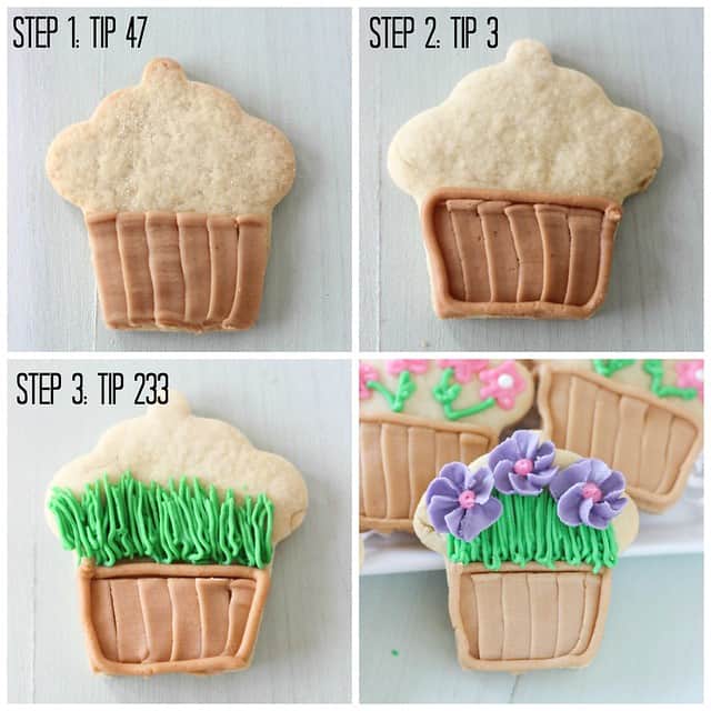 Collage of four steps for decorating flower pot cookies