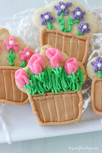 Overhead view of flower pot decorated cookies
