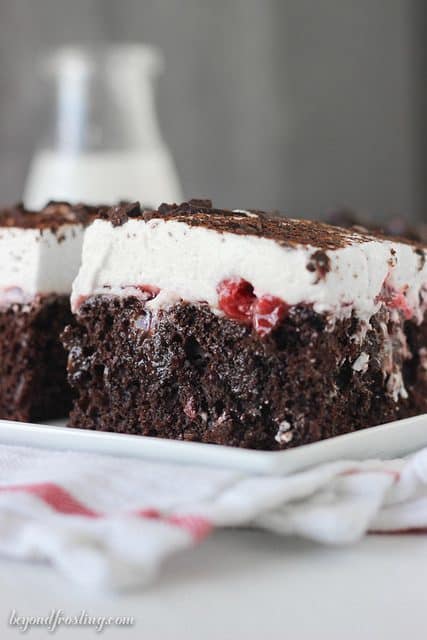 Mouth watering black forest poke cake. Dig in with a spoon.