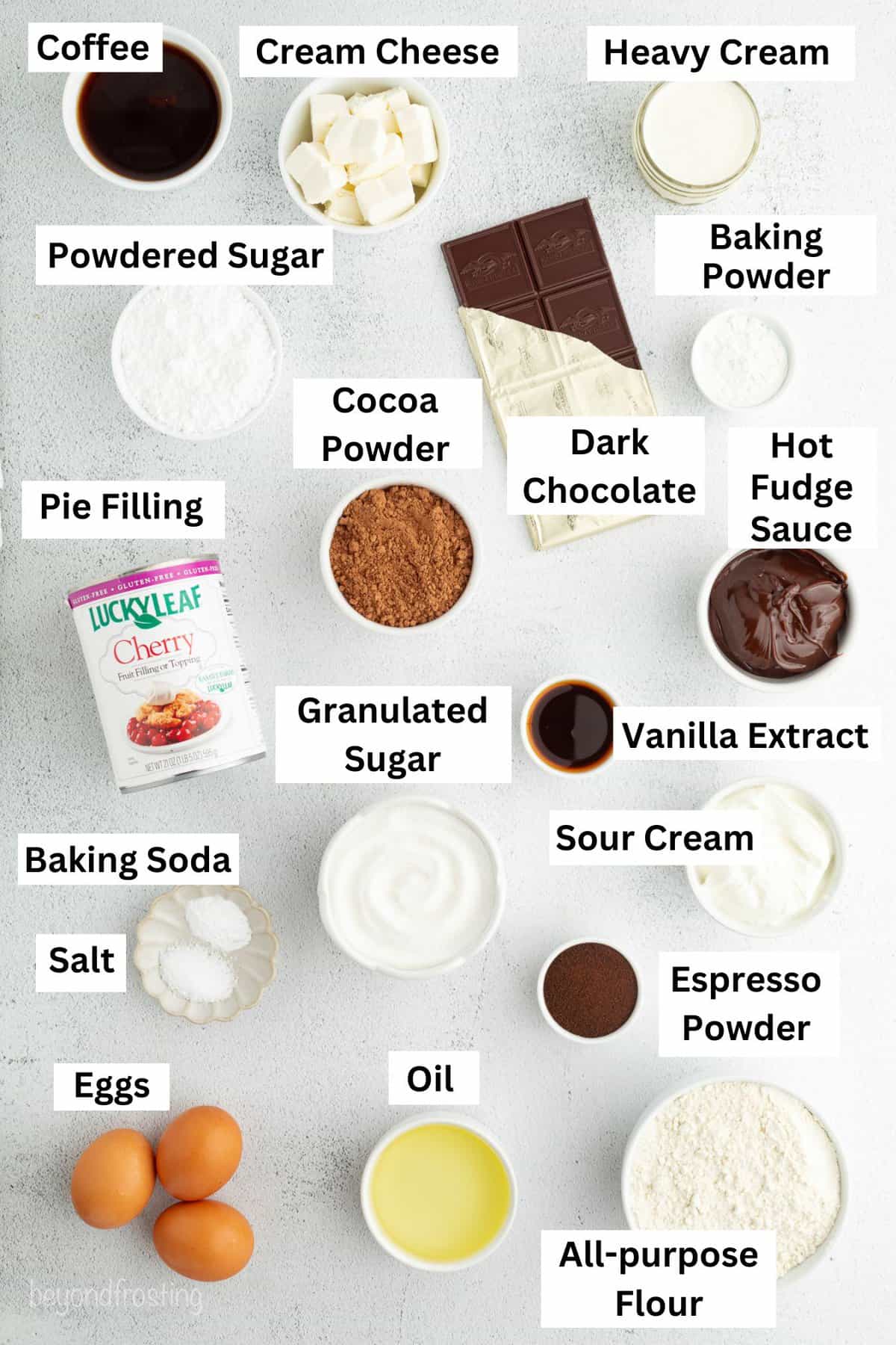 Black forest poke cake ingredients with text labels overlaying each ingredient.