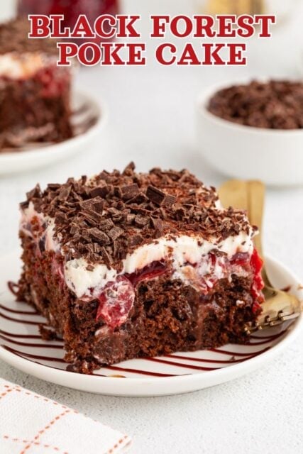 Pinterest title image for Black Forest Poke Cake.