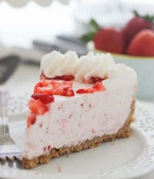 Fluffy Strawberry Marshmallow Pie with a graham cracker crust.
