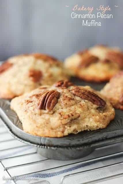Close-up of Bakery Style Cinnamon Pecan Muffins in a tin