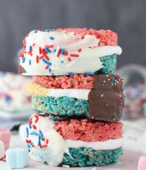 Celebrate with these Patriotic Rice Krispie Treat S'mores. Red and blue Rice Krispie Treats smothered in marshmallow frosting and dipped in chocolate. Finish it off by rolling them in graham crackers.