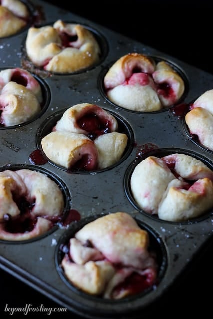 Overhead view of Chocolate Cherry Monkey Bread Muffins in a muffin tin