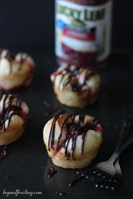 Chocolate Cherry Monkey Bread Muffins in front of a can of cherry pie filling