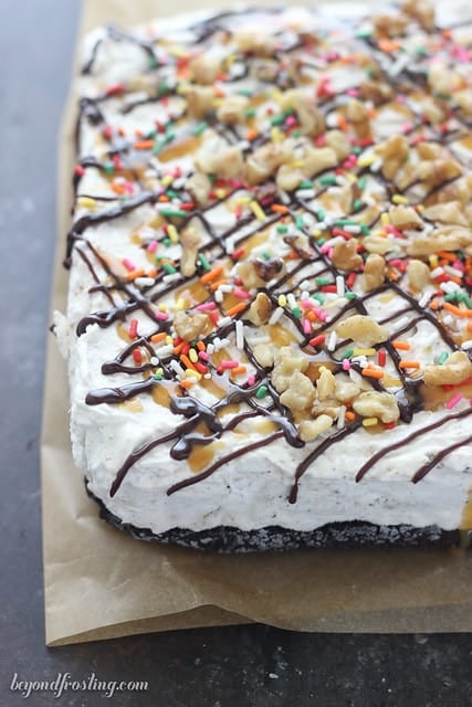 Close-up view of a whole Banana Split S'mores Ice Cream Cake on parchment paper