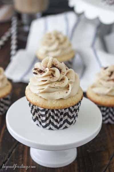 These Virgin Mudslide Cupcakes are flavored with Bailey's Mudslide Coffee Creamer. The fluffy vanilla cupcake is topped with a espresso mudslide frosting.
