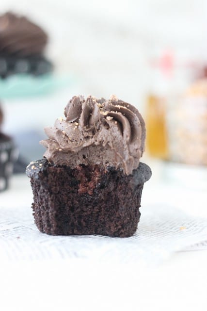 Spiked chocolate cupcake with a whiskey ganache, filled with toffee and topped with a whipped chocolate buttercream.