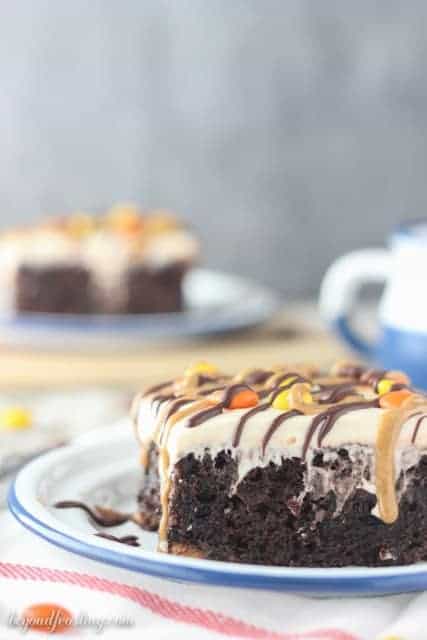 This rich chocolate poke cake is loaded with Reese’s, smothered in chocolate pudding and topped with peanut butter whipped cream and drizzled with peanut butter and chocolate. This cake is for serious peanut butter lovers!