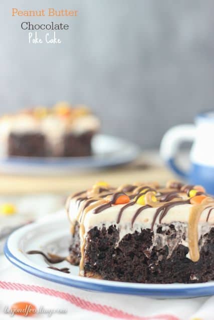 This rich chocolate poke cake is loaded with Reese’s, smothered in chocolate pudding and topped with peanut butter whipped cream and drizzled with peanut butter and chocolate. This cake is for serious peanut butter lovers!