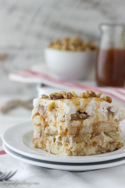 This Apple Pie Tiramisu is layered with ladyfingers soaked in bourbon, spiced mousse, apple pie spice whipped cream and apple pie filling.