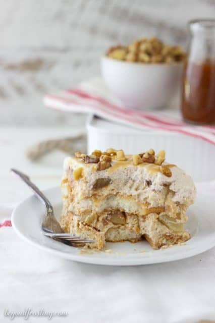 This Apple Pie Tiramisu is layered with ladyfingers soaked in bourbon, spiced mousse, apple pie spice whipped cream and apple pie filling. 