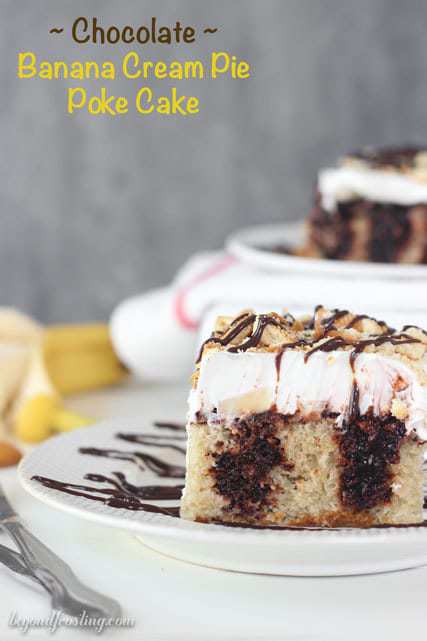 This Chocolate Banana Cream Pie Poke Cake is a moist banana cake filled with chocolate pudding and topped with sliced bananas and whipped cream. It is topped with crushed Nilla Wafers and drizzled with fudge. 