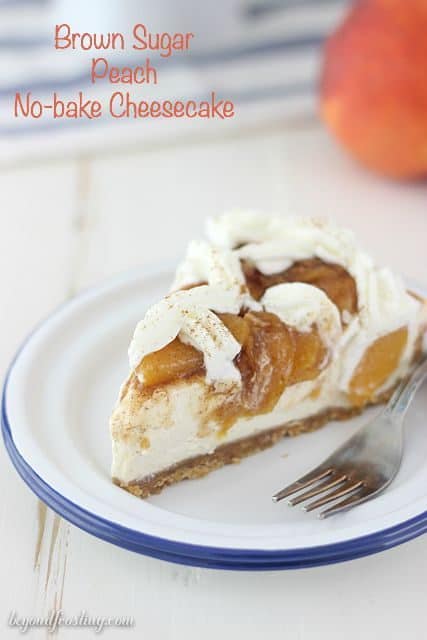 A brown sugar cheesecake in a vanilla wafer crust topped with brown sugar peaches and cinnamon.