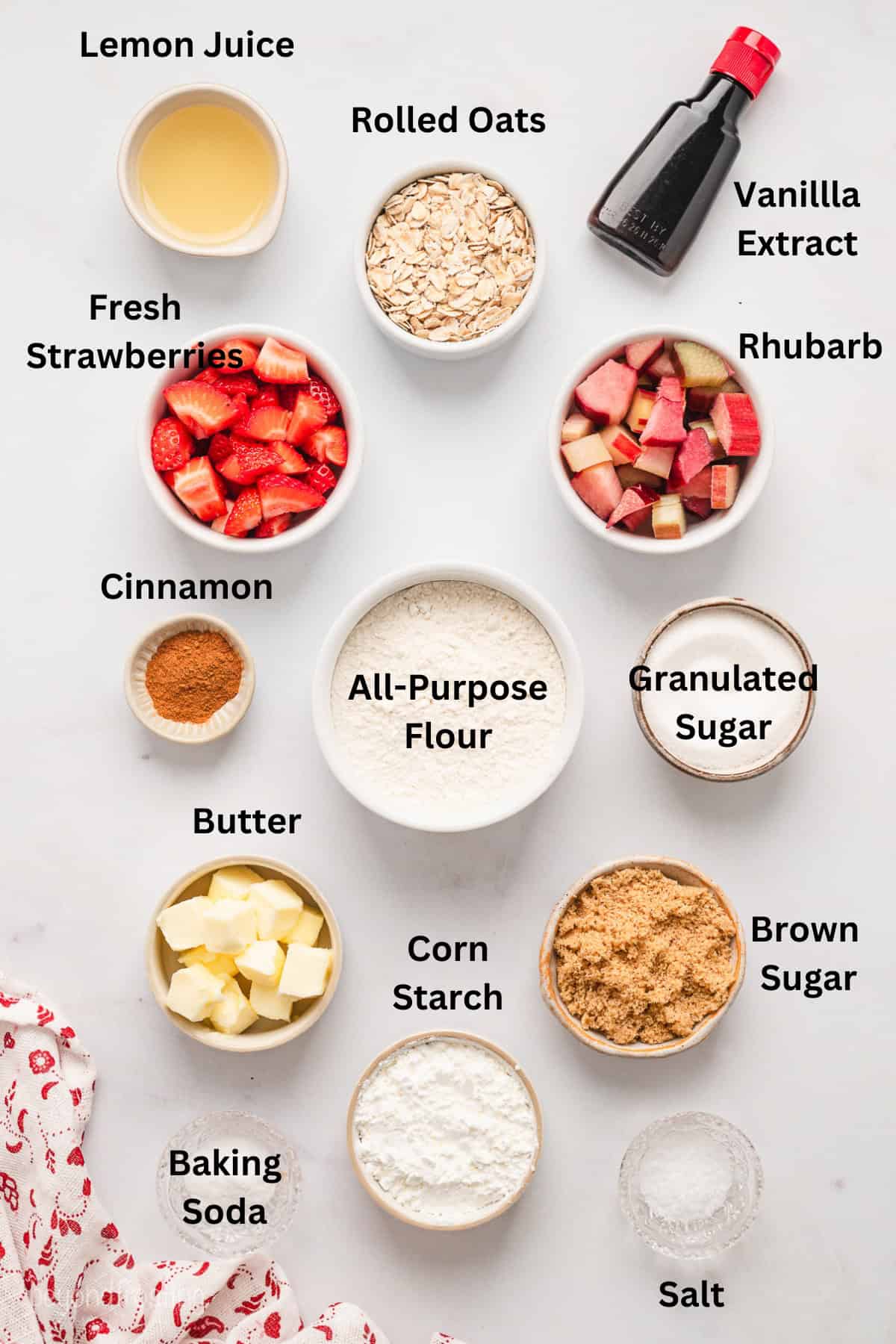 Ingredients for strawberry rhubarb bars with text labels overlaying each ingredient.