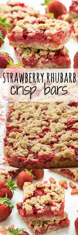 An oatmeal cookie base topped with strawberries and rhubarb and topped with more oatmeal cookie topping -- your favorite summer dessert is now a packable treat or back to school snack!