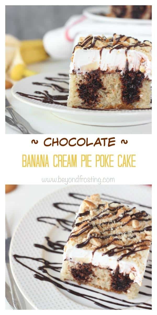 This Chocolate Banana Cream Pie Poke Cake is a moist banana cake filled with chocolate pudding and topped with sliced bananas and whipped cream. It is topped with crushed Nilla Wafers and drizzled with fudge. 