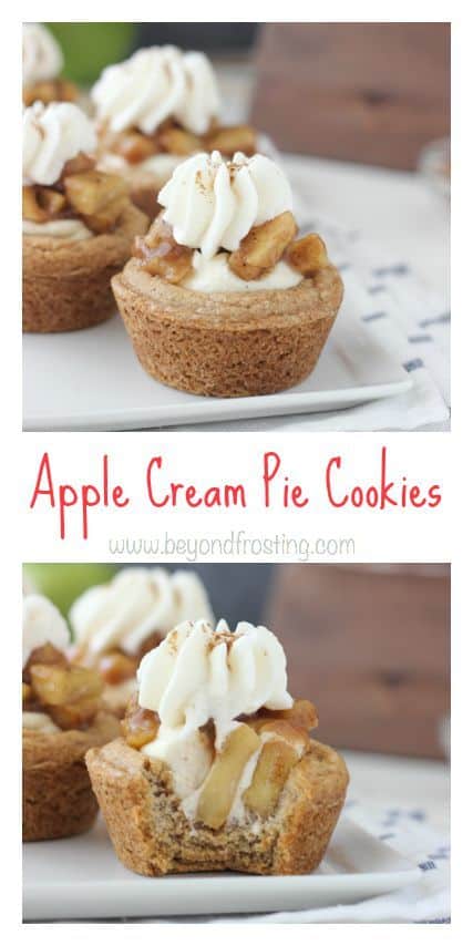 These apple pie cream pie cookies are a soft-baked cake mix cookie filled with a spiced moussed, apple pie filling and topped with whipped cream.