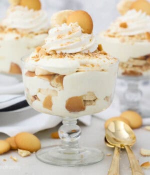 Three banana puddings in trifle glasses