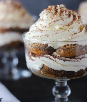 This fall I am craving Maple Bourbon Tiramisu Parfaits. Lady fingers soaked in espresso spiked with bourbon and maple syrup layered with a maple mascarpone mousse.
