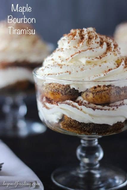 This fall I am craving Maple Bourbon Tiramisu Parfaits. Lady fingers soaked in espresso spiked with bourbon and maple syrup layered with a maple mascarpone mousse. Maple-bourbon-Tiramisu-006-text