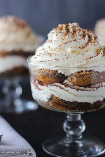 This fall I am craving Maple Bourbon Tiramisu Parfaits. Lady fingers soaked in espresso spiked with bourbon and maple syrup layered with a maple mascarpone mousse.