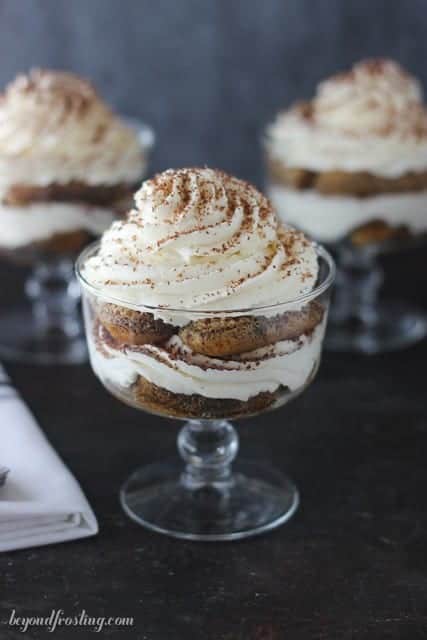 This fall I am craving Maple Bourbon Tiramisu Parfaits. Lady fingers soaked in espresso spiked with bourbon and maple syrup layered with a maple mascarpone mousse.