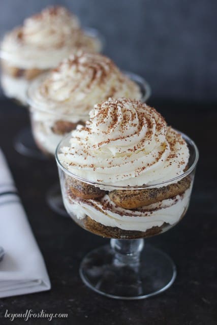 This Maple Bourbon Tiramisu is perfect! The lady fingers are soaked in espresso spiked with bourbon and maple syrup layered with a maple mascarpone mousse. 