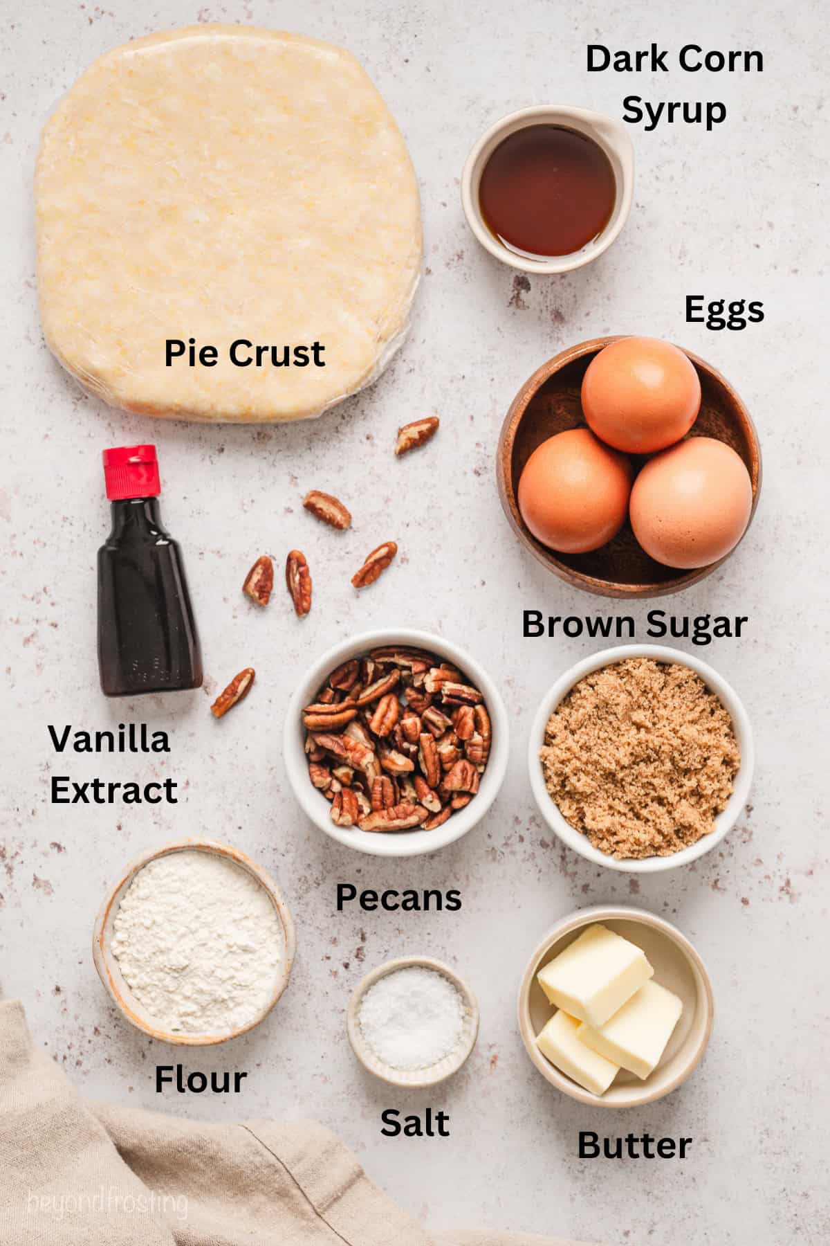 Ingredients for pecan pie with text labels overlaying each ingredient.