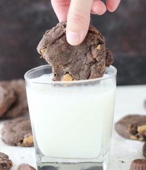 A glass of milk is perfect with the Chocolate Reese's Cake Mix Cookies.