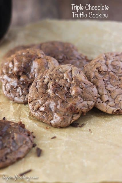 These Triple Chocolate Truffle Cookies are a chocolate lover’s dream. Crispy on the outside and gooey in the middle, these brownie-like cookies are inspired by a cookie from Dahlia’s Bakery in Seattle.