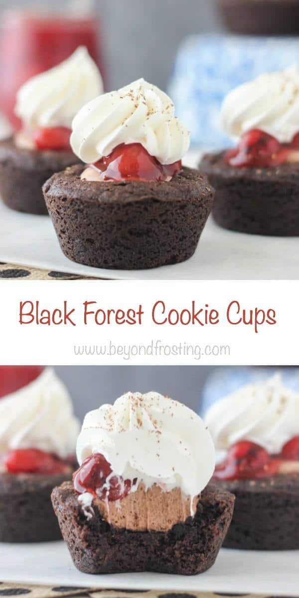 These Black Forest Cookie Cups are a soft baked chocolate cookie filled with chocolate mousse and cherry pie filling. All topped with fresh whipped cream and chocolate shavings.