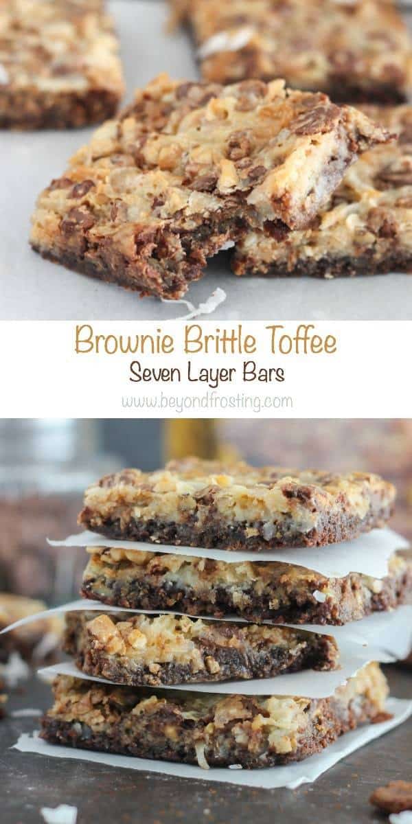 These Brownie Brittle Toffee Seven Layer Bars will wow your friends! A Brownie Brittle Toffee crust layered with coconut, walnuts, caramel chips and toffee.