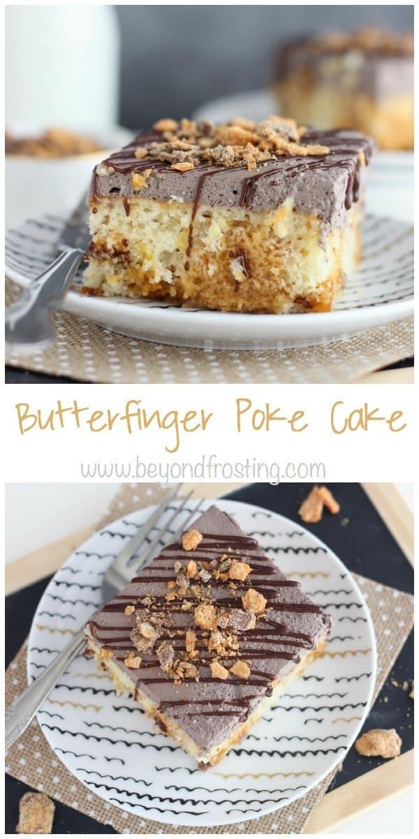 This Butterfinger Poke Cake is a vanilla cake baked with Butterfinger pieces, soaked in a butterscotch pudding and covered with chocolate whipped cream.