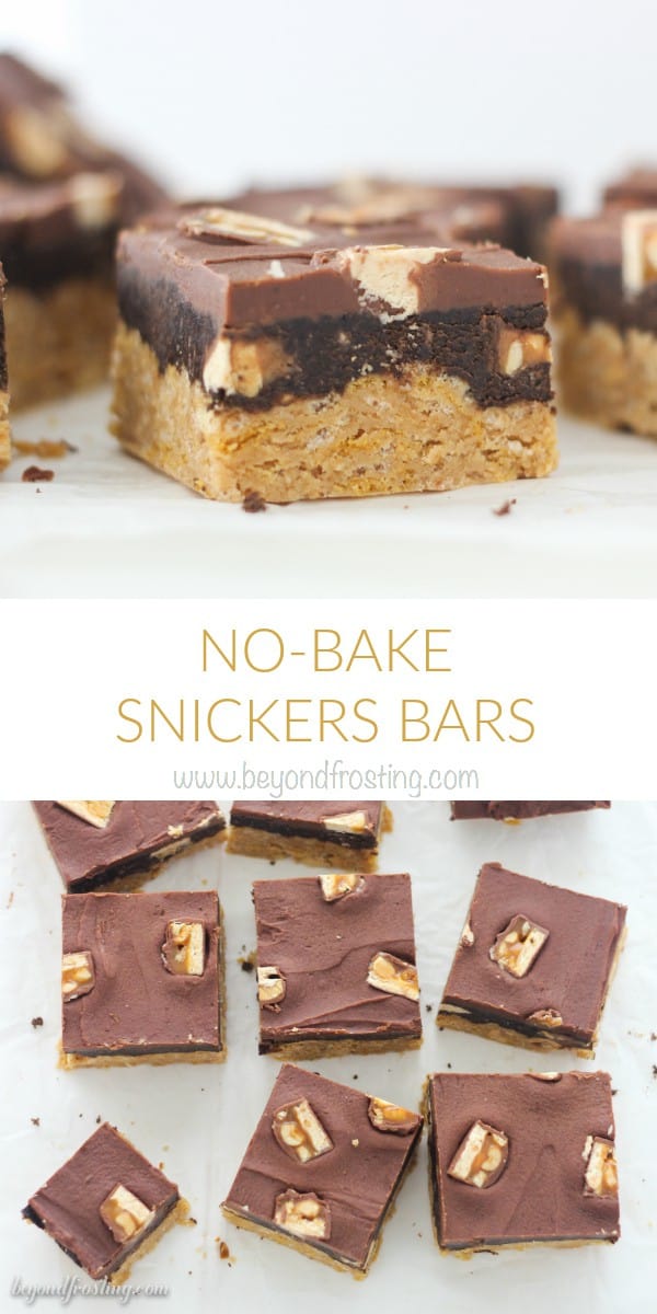 hese No-Bake Snickers Bars start with a thick and crunchy peanut butter base, chocolate Snickers mousse and topped with chocolate ganache and more Snickers.