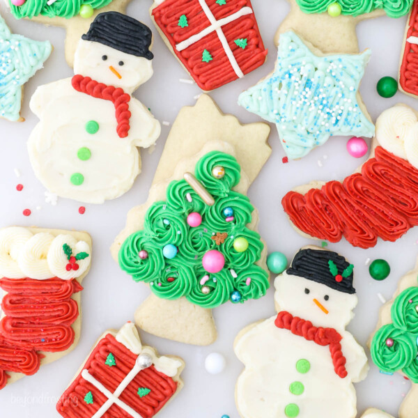 Overhead view of frosted Christmas cookies