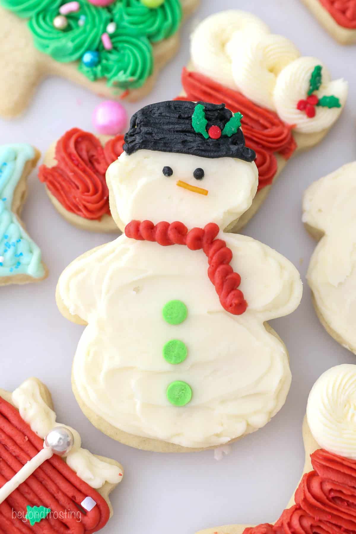 A frosted sugar cookie snowman