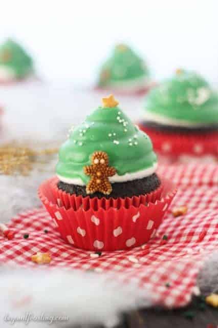 Easy Christmas Tree Cupcakes- made with a hi-hat chocolate coating