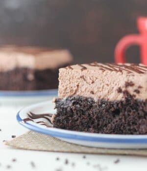 Side view of a slice of Hot Chocolate Poke Cake on a plate.